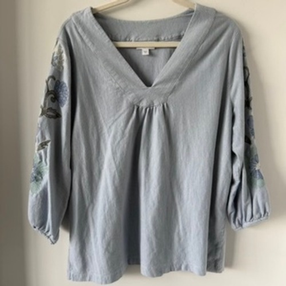 J. Jill Blue Pinstripe Floral Embroidered V-Neck cotton Blouse XL Boho Coastal